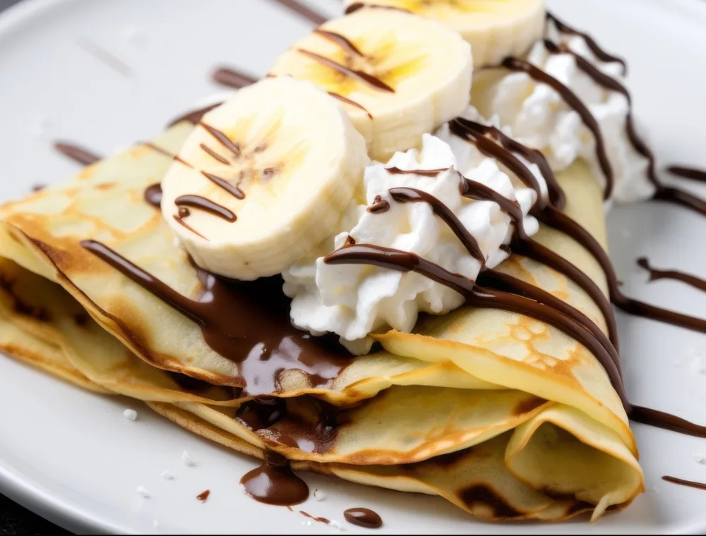 Folded crepe topped with sliced banana, whipped cream, and chocolate drizzle