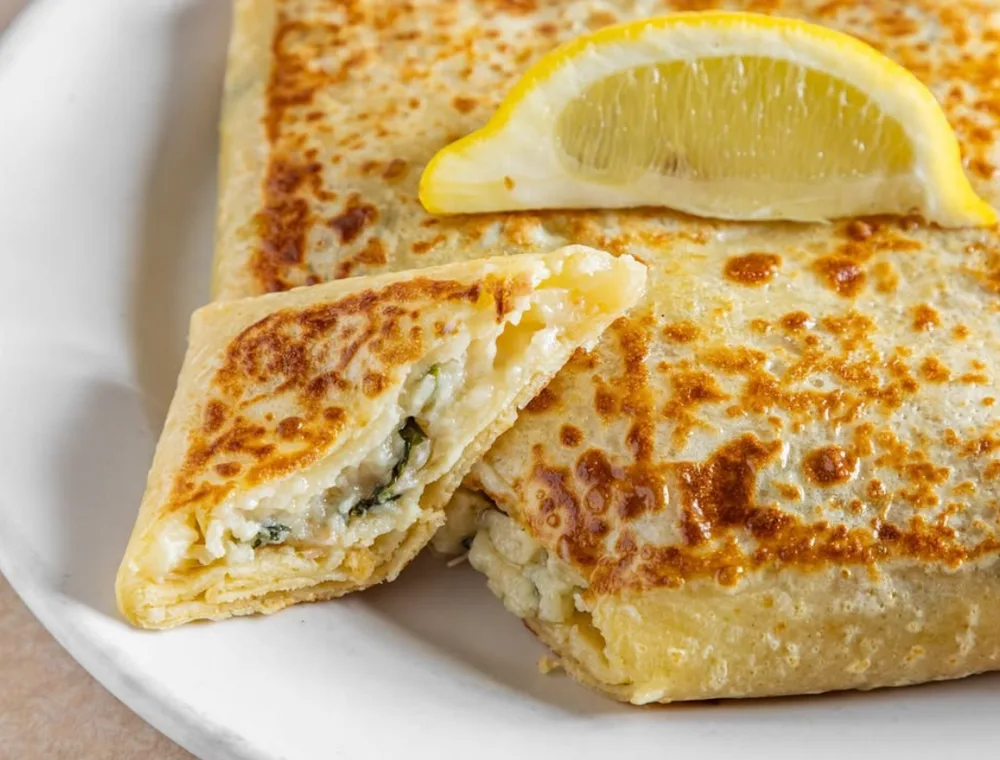 Folded savory crepe with a lemon wedge