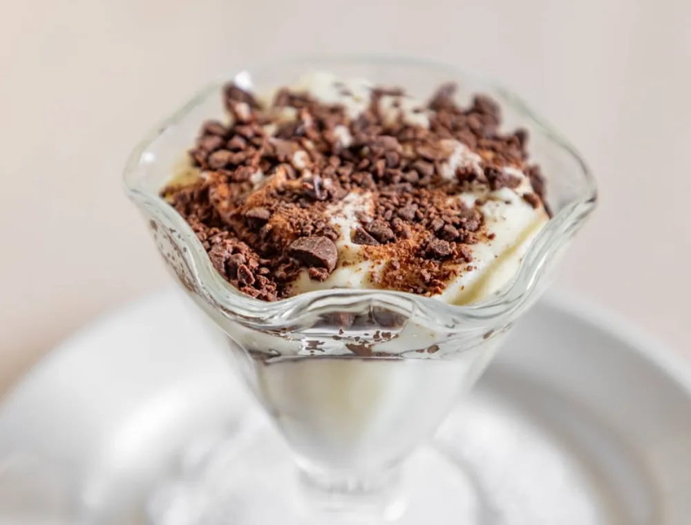 Chocolate cream dessert in a glass dish