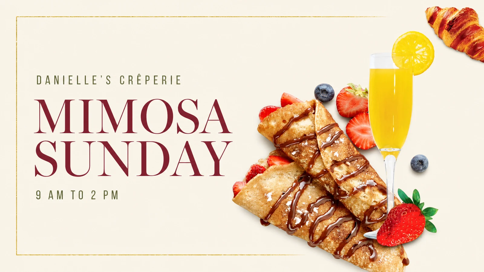 Mimosa Sunday artwork showing crepes, fruit, and a mimosa glass
